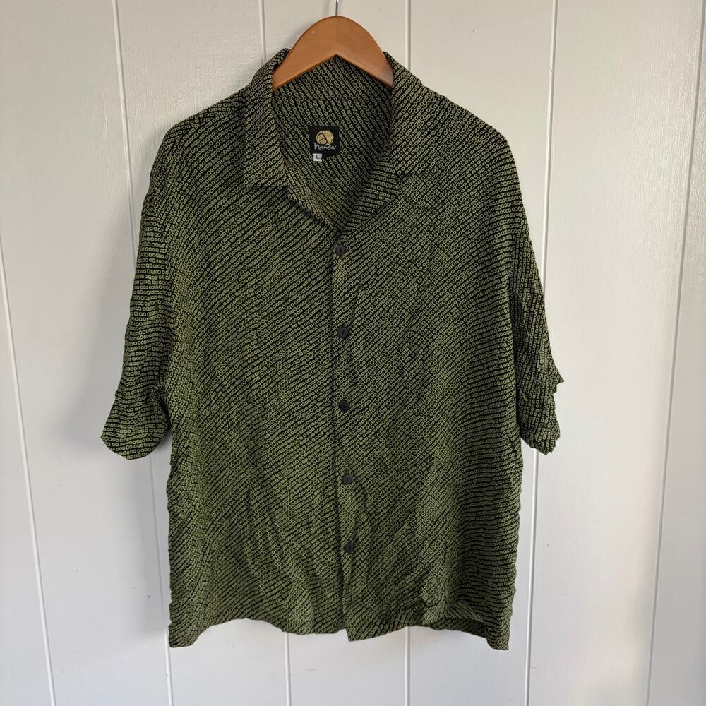 ANNE NAMBA Hawaii Men L Silk Aloha Shirt Vintage Textured Cuban Camp Green